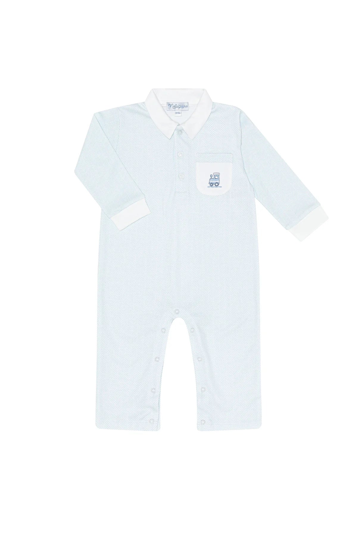 Blue Herringbone Embroidered Playsuit-Train