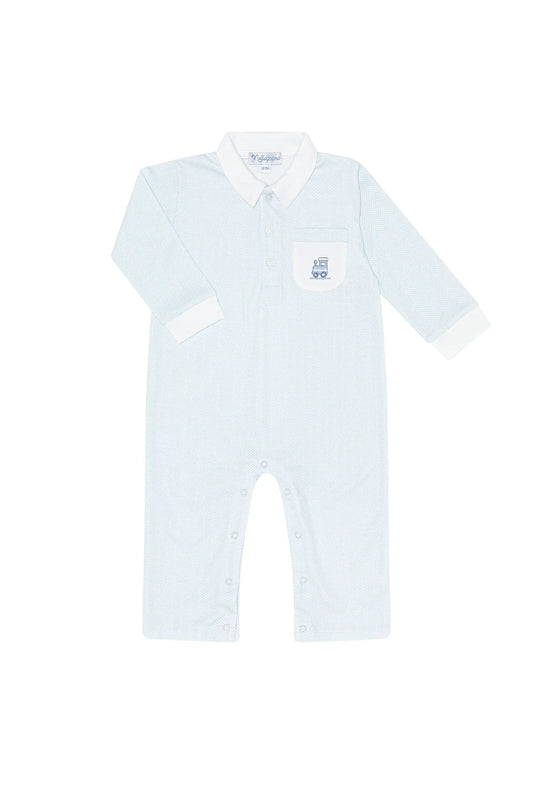 Blue Herringbone Embroidered Playsuit-Train