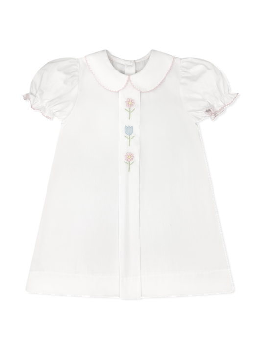 Bluebonnet Dress - White Pique with Floral Embroidery