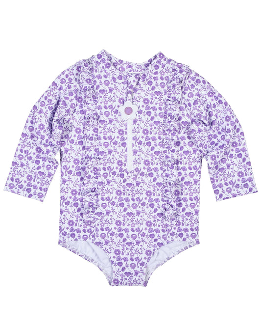 Floral Print One Piece Rashguard with Ruffles