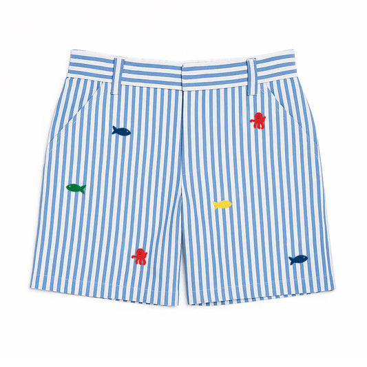 Seersucker Short With Embroidered Sea Creatures