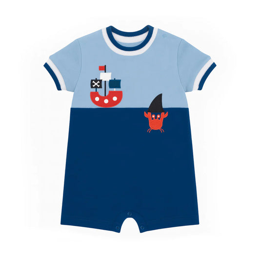 Stripe Knit Shortall With Pirate Ship & Crab