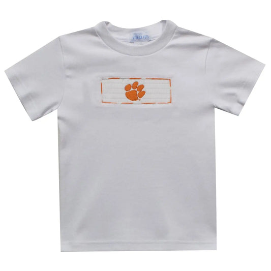 Clemson Smocked Embroidered White Knit Tee Shirt Short Sleeve