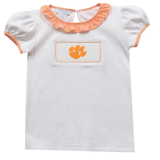 Clemson Smocked Girls Knit White Tee Shirt