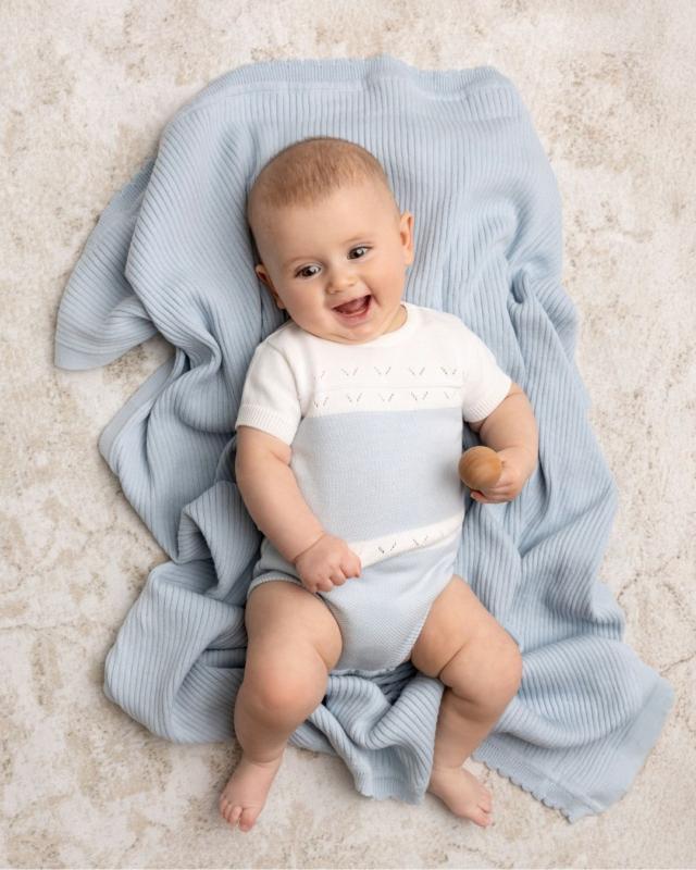 Pointelle Contrast Knit Romper- Blue