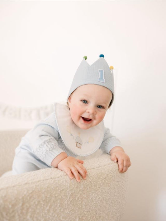 Shadow Stitch Embroidery First Birthday Bib - Blue