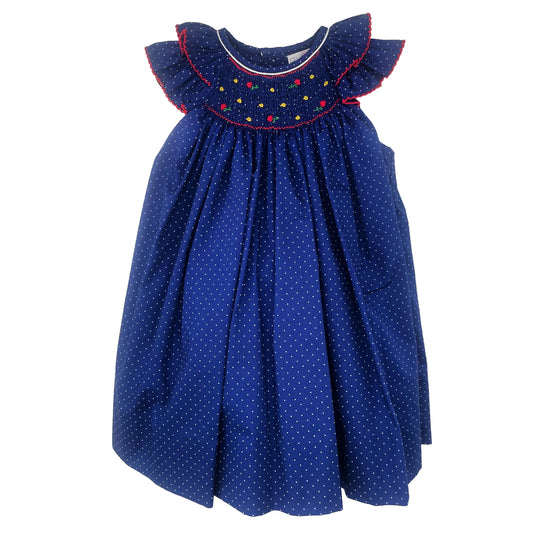 Dress with Bishop Smocking in Navy Dot Fabric