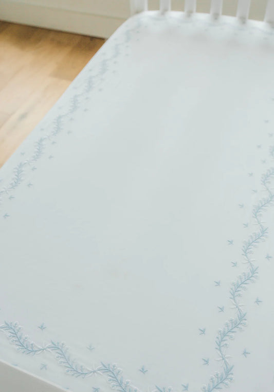Embroidered Crib Sheet- Sky