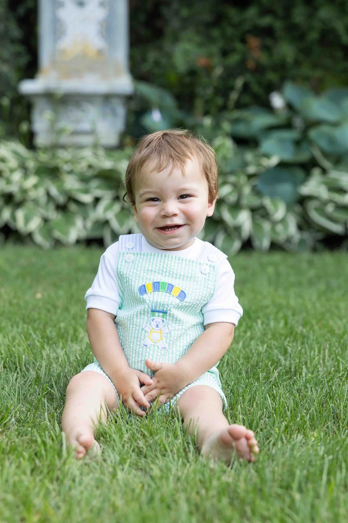 Seersucker Shortall With Parachute Bear