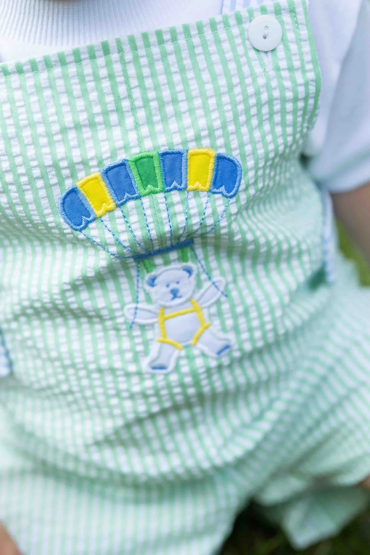 Seersucker Shortall With Parachute Bear