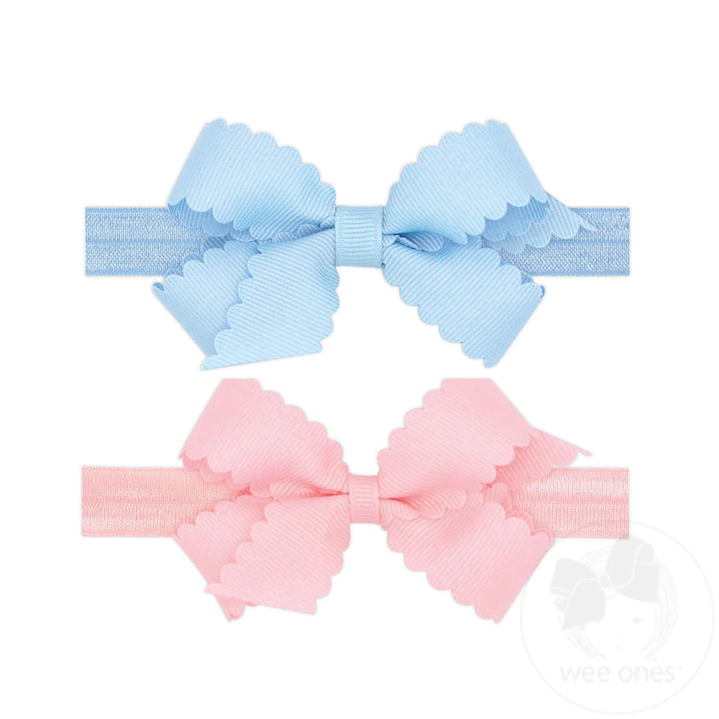 GIFT PACK! Two Mini Scallop Bows With Bands, Blue and Pink