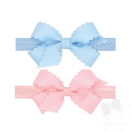 GIFT PACK! Two Mini Scallop Bows With Bands, Blue and Pink