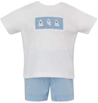 Ghost Boy's- Light Blue Microcheck Short Set w/ White Knit T-shirt