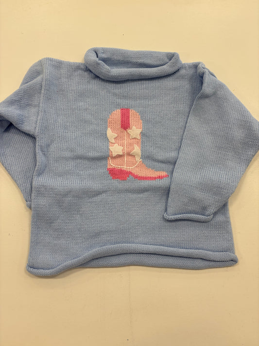 Cowgirl Boot with Stars Sweater-Sky Blue
