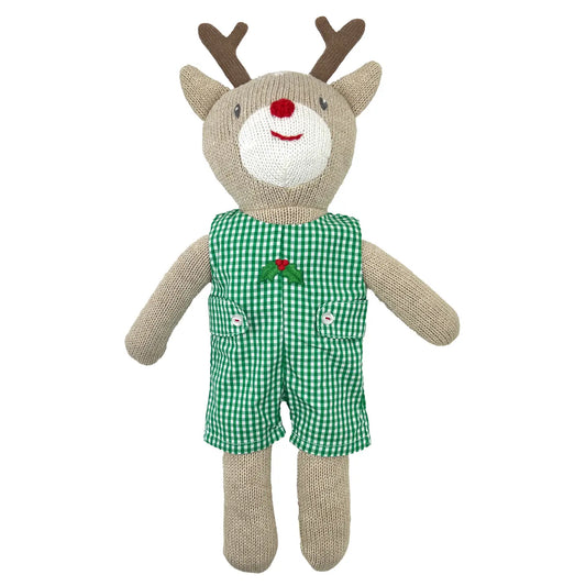 Knit Reindeer Doll with Green Check Romper, 14" Plush