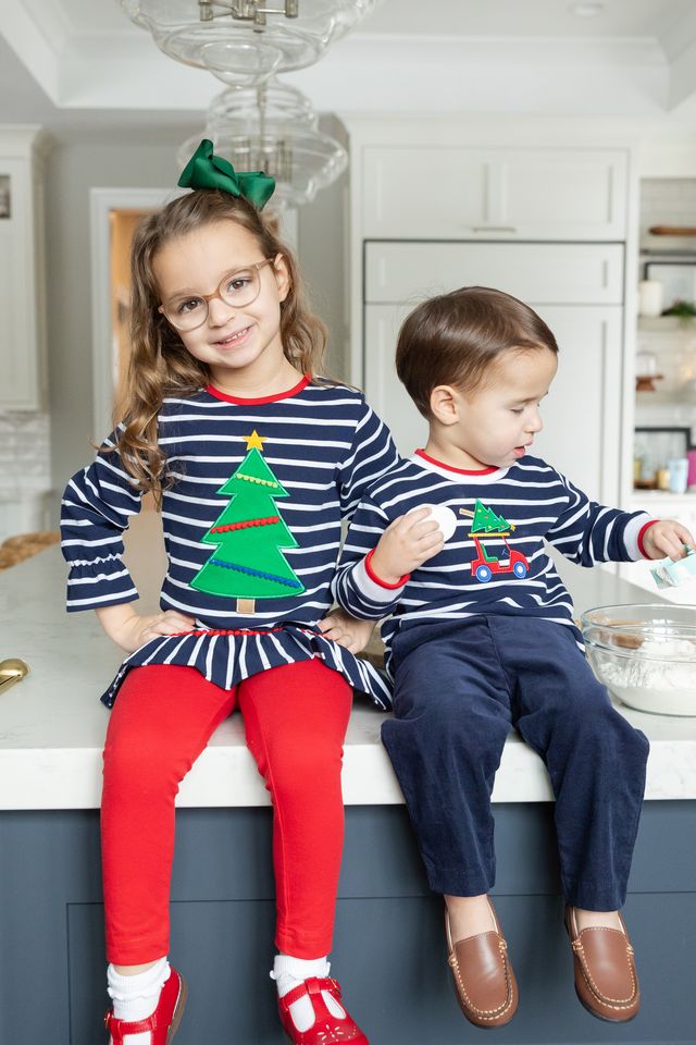 Stripe Knit Shirt With Golf Cart & Christmas Trees