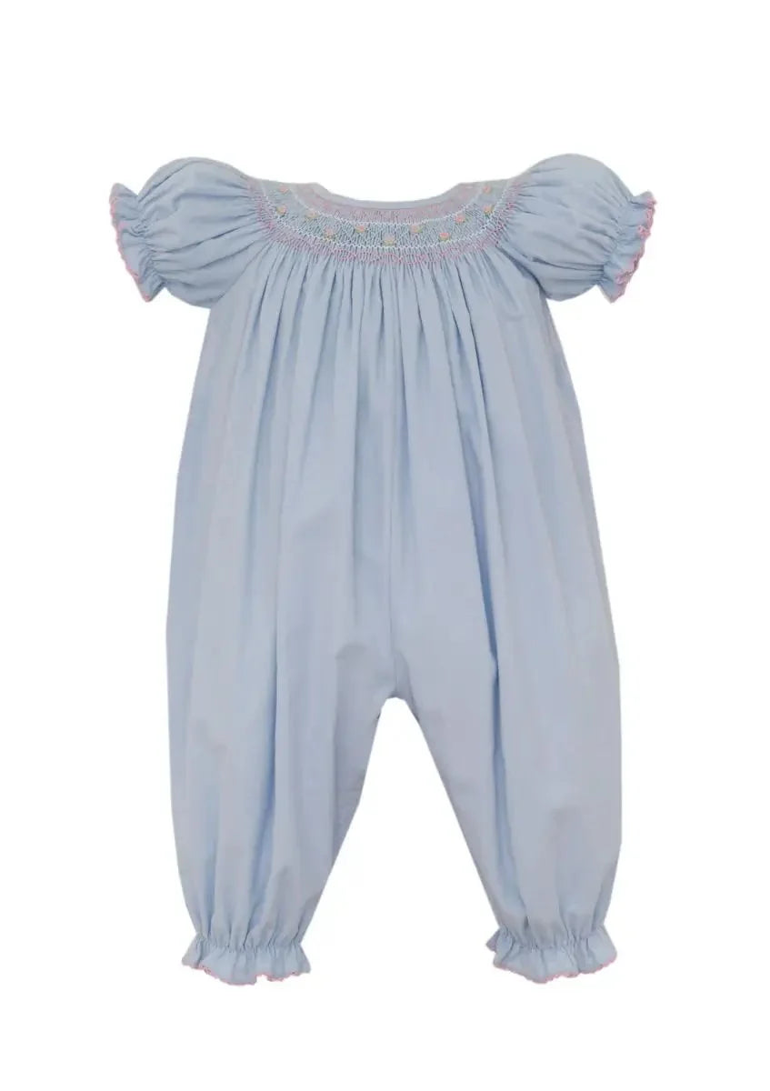 Light Blue Corduroy Smocked Long Romper - Short Sleeve