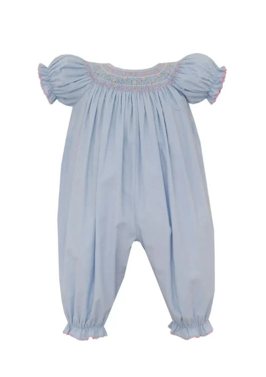 Light Blue Corduroy Smocked Long Romper - Short Sleeve