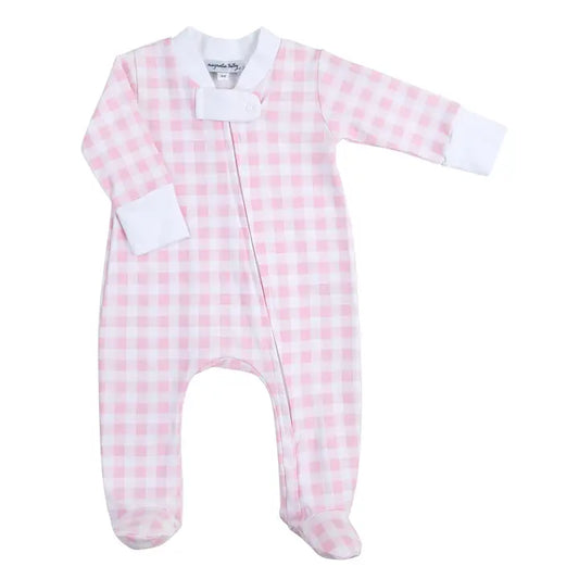 Baby Checks Zip Footie- Pink