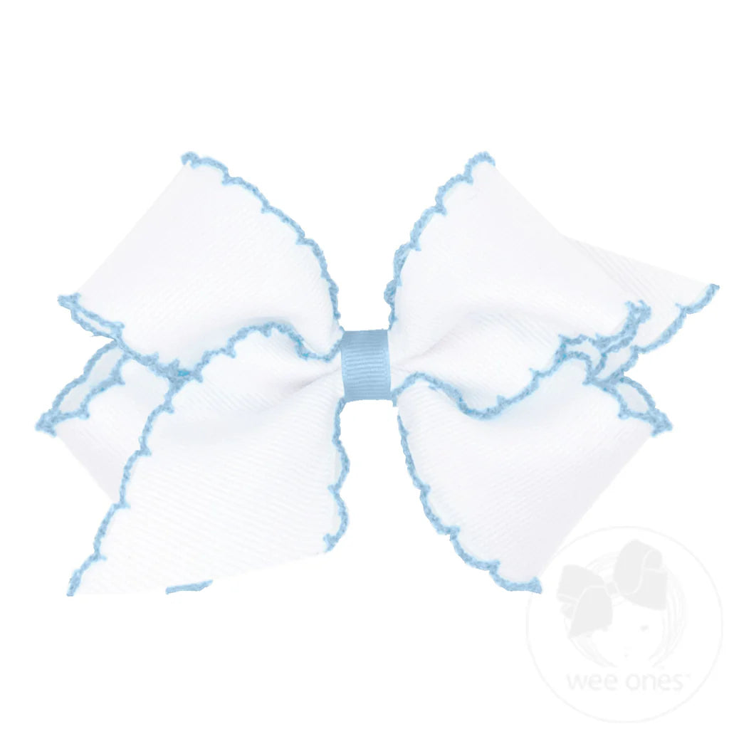 Medium Moonstitch Grosgrain Hair Bow with Contrasting Wrap, White with Blue