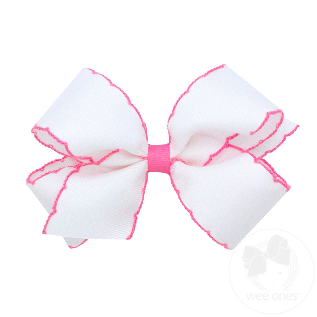 Medium Moonstitch Grosgrain Hair Bow with Contrasting Wrap, White with Hot Pink