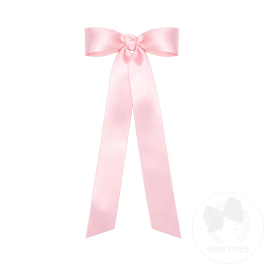 Mini French Satin Hair Bowtie with Knot Wrap and Streamer Tails, Light Pink