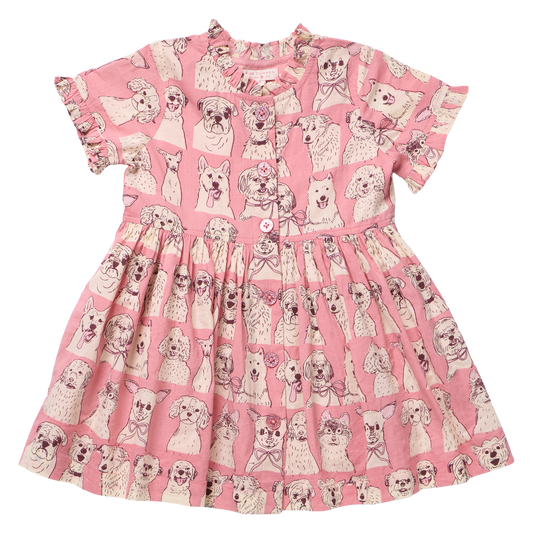 Autumn Dress- Pink Sketched Dogs