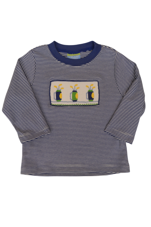 Blue and White Stripe Long Sleeve Tee with Golf Smocking