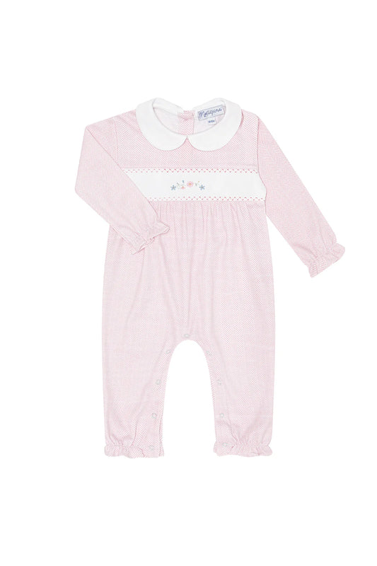 Pink Herringbone Embroidered Playsuit-Flowers