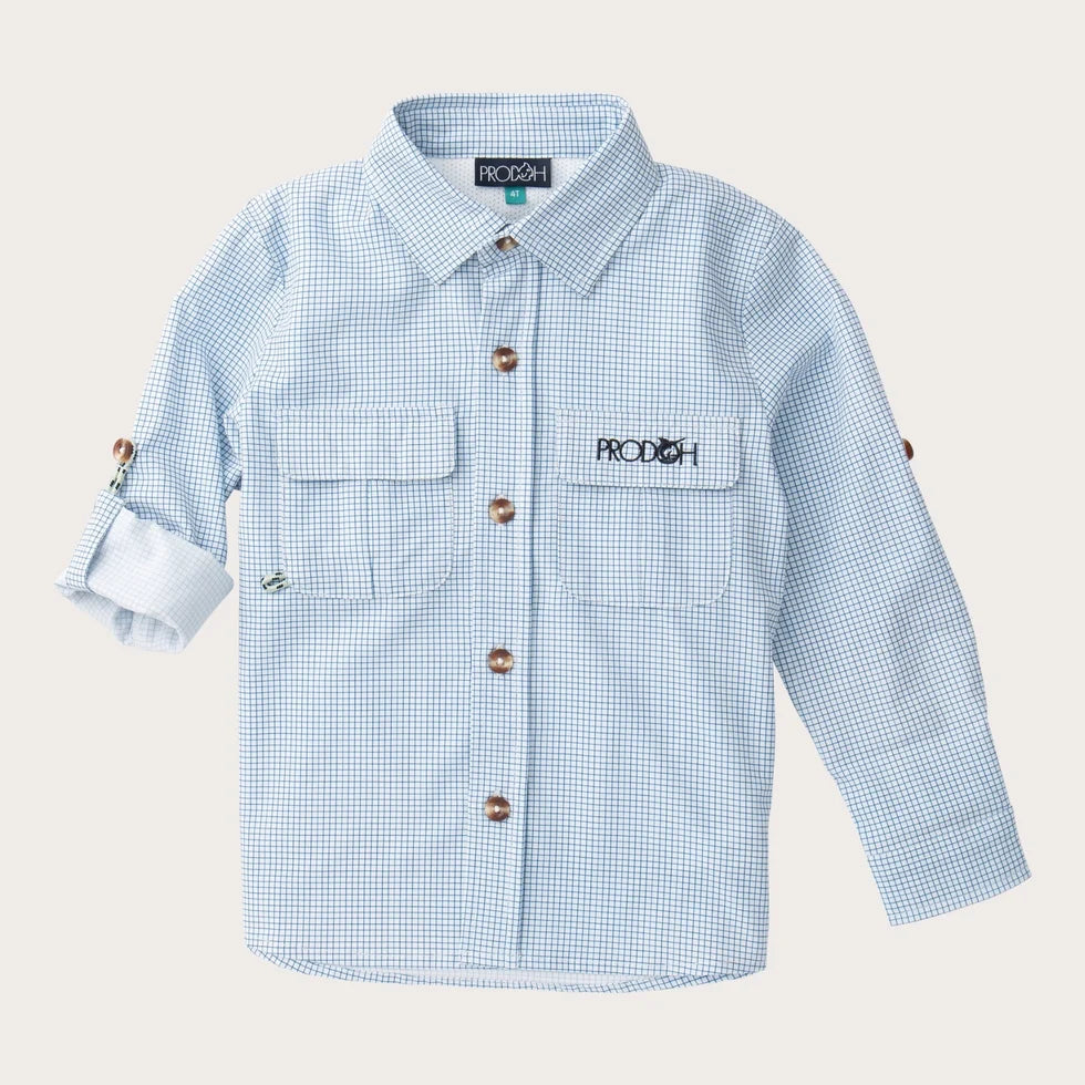 Long Sleeve Founders Kids Fishing Shirt- Navy Blue Peony Surfside Plaid