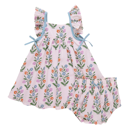 Ailee Dress Set - Pink Dewdrop Block Print