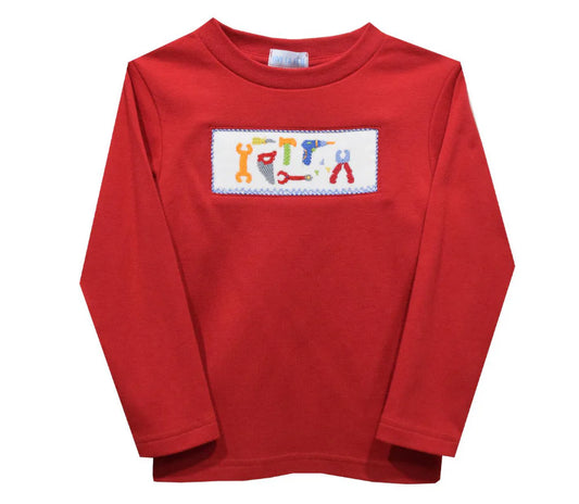 Red Tools Smocked Red Long Sleeve Boys T-Shirt