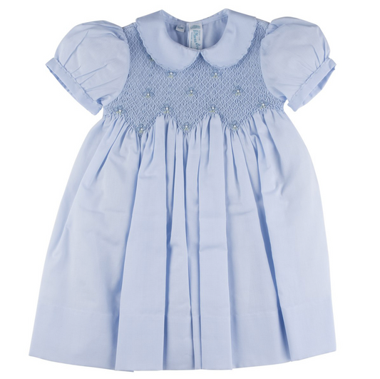 Blue Smocked Dress with Pearls