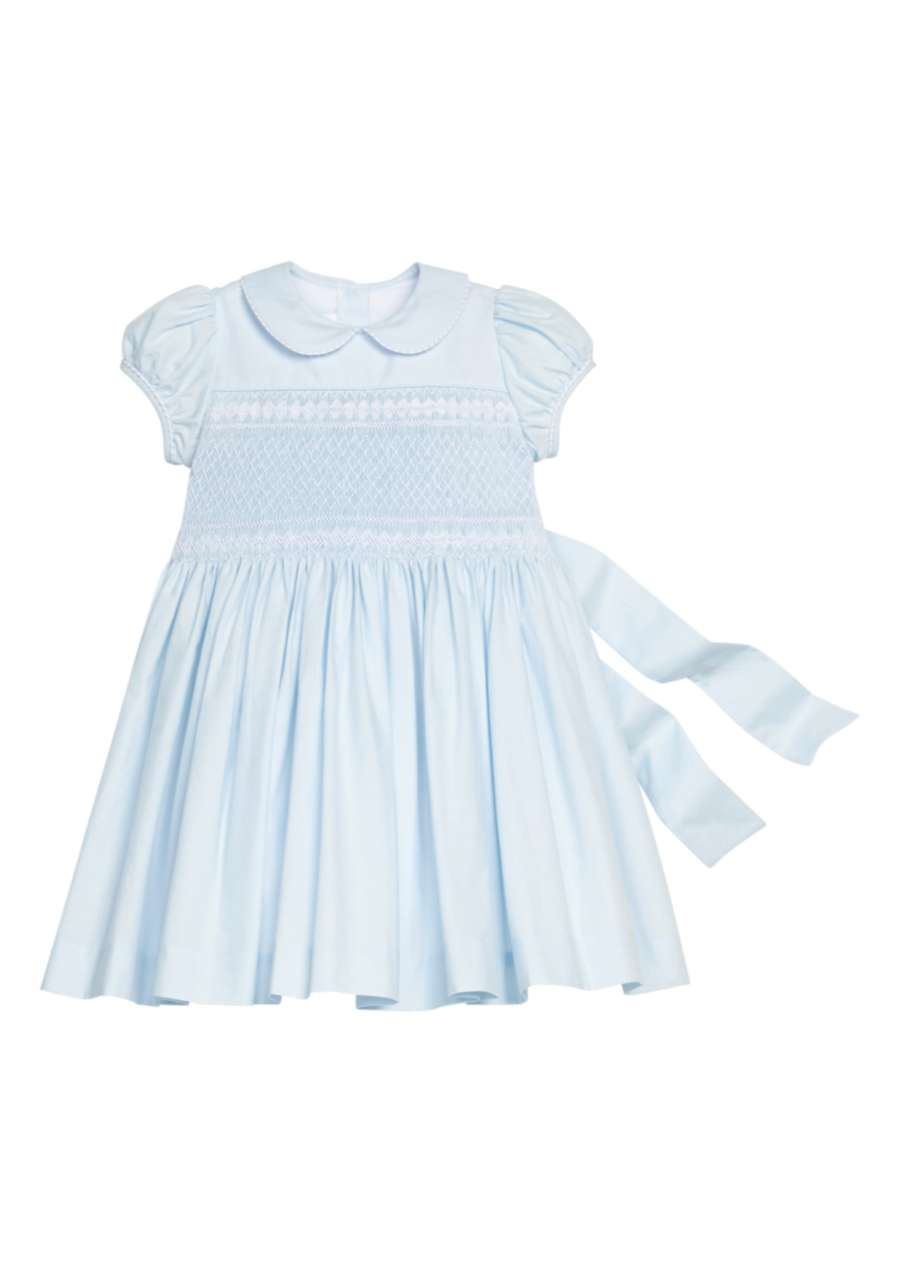 Smocked Emery Dress - Light Blue with White