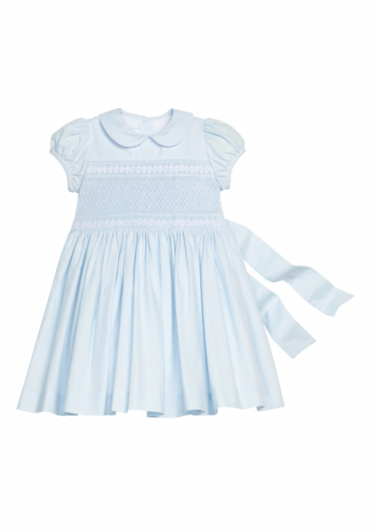 Smocked Emery Dress - Light Blue with White