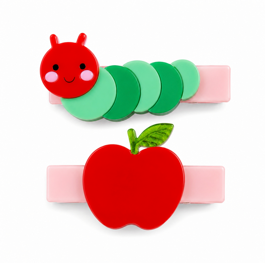 Caterpillar and Apple Pink Hair Clips