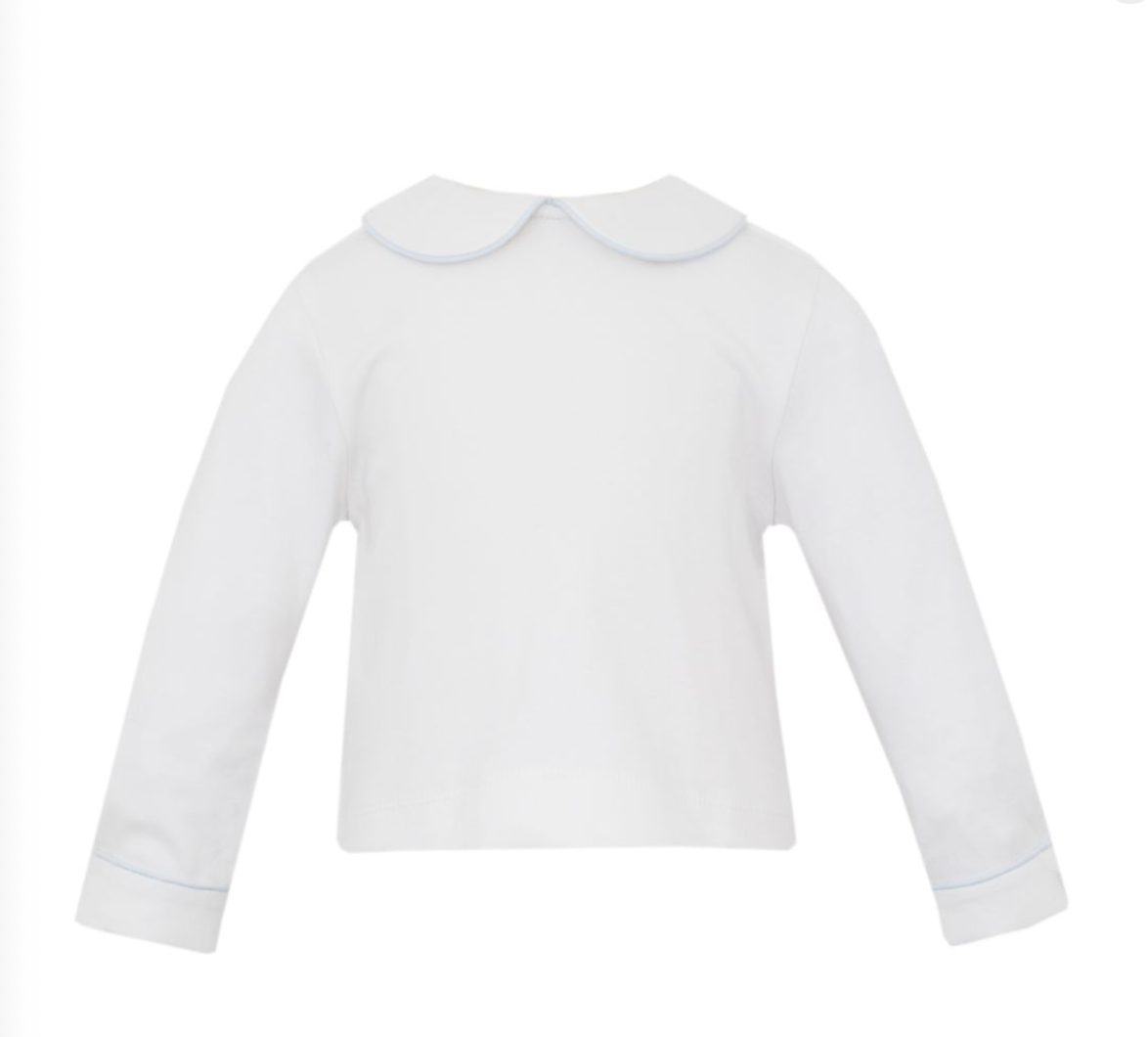 Shirt-White Knit Peter Pan Boy's Shirt With Light Blue Pipping Long Sleeve