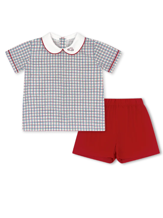 Lullaby Set-Sibley Short set- Primary plaid, Raleigh Red