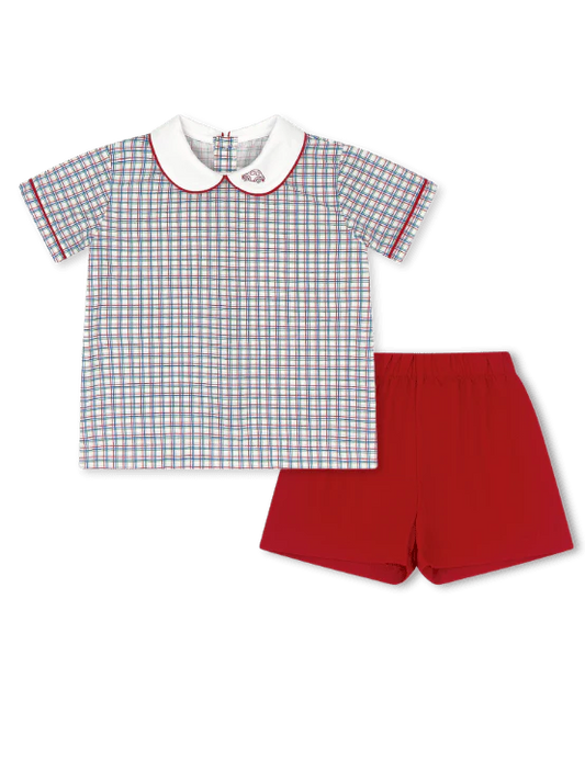 Lullaby Set-Sibley Short set- Primary plaid, Raleigh Red