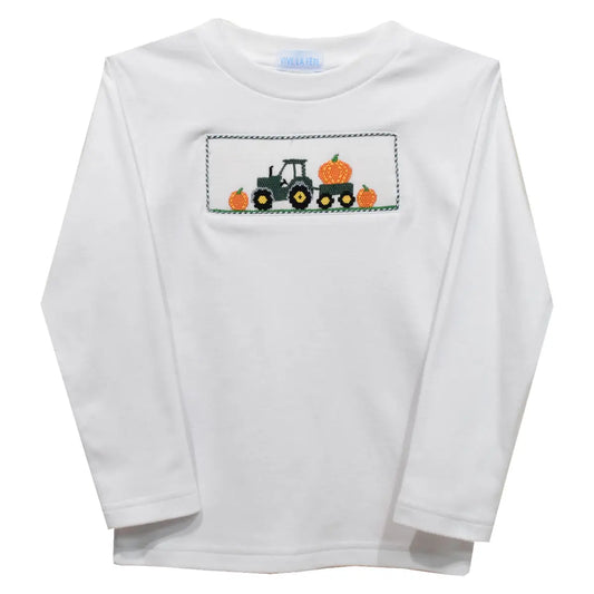 Tractor with Pumpkins Smocked White Long Sleeve Boys T-Shirt