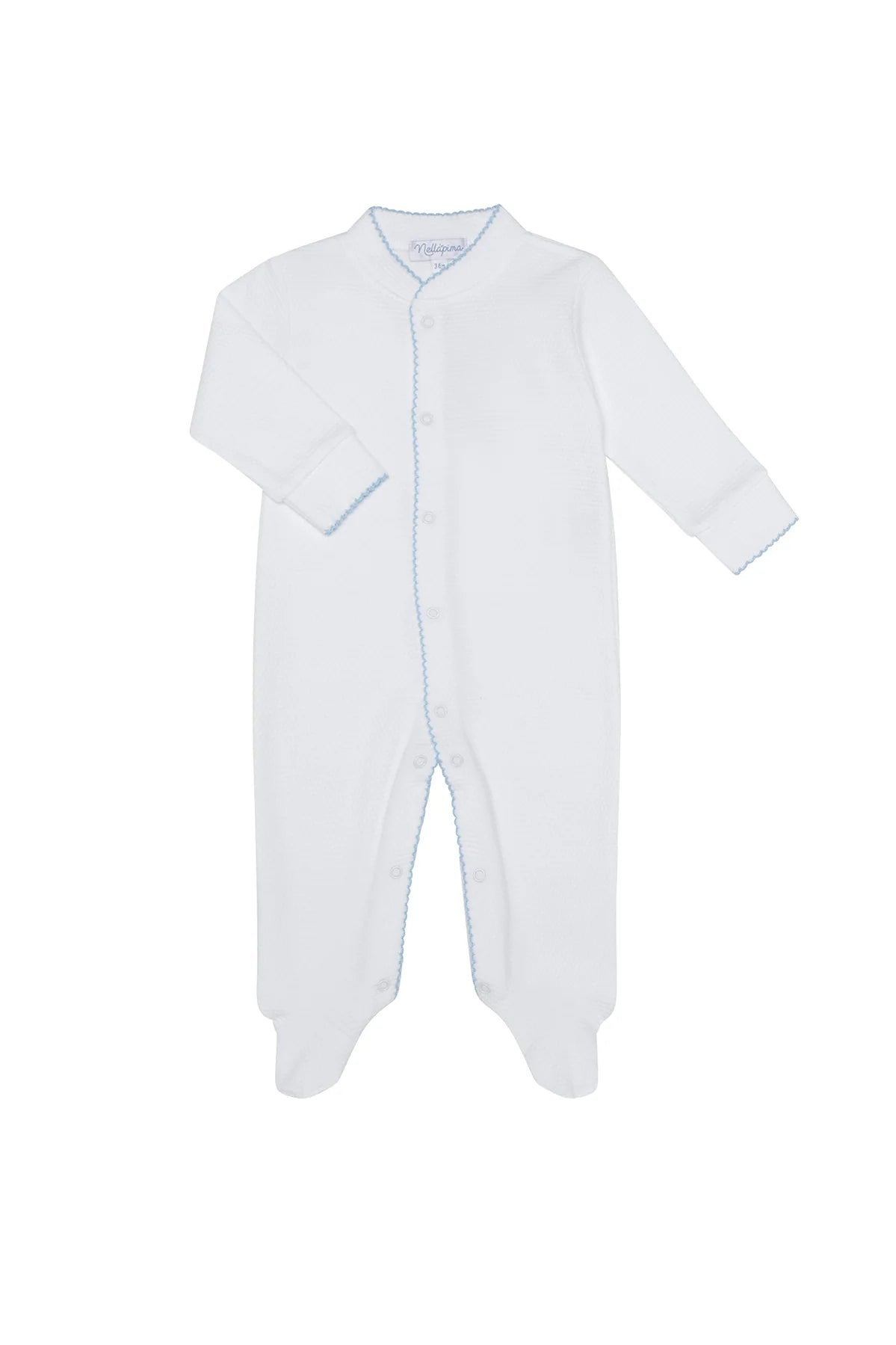 White Bubble Baby Footie: Blue Picot Trim