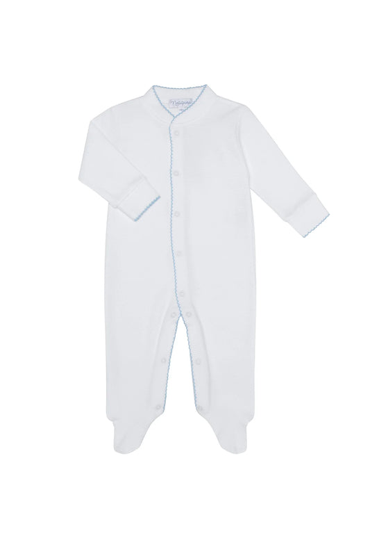 White Bubble Baby Footie: Blue Picot Trim