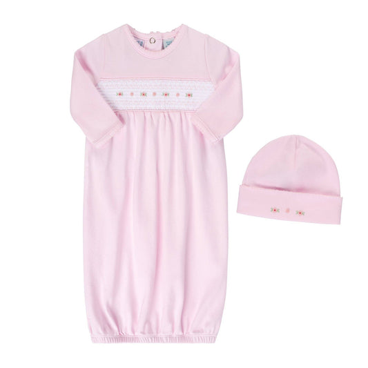 Baby Girl`s Smocked Flower Gown and Hat: Pink / NB