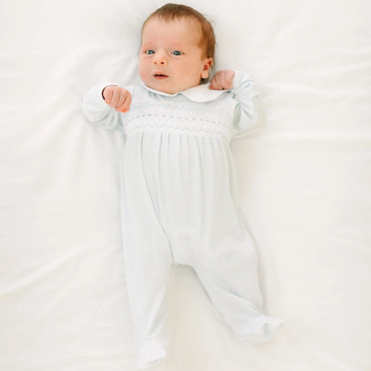 Benjamin Smocked Footie - Light Blue