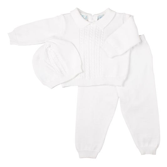 Baby Boy Cable Knit Two Piece with Hat: White