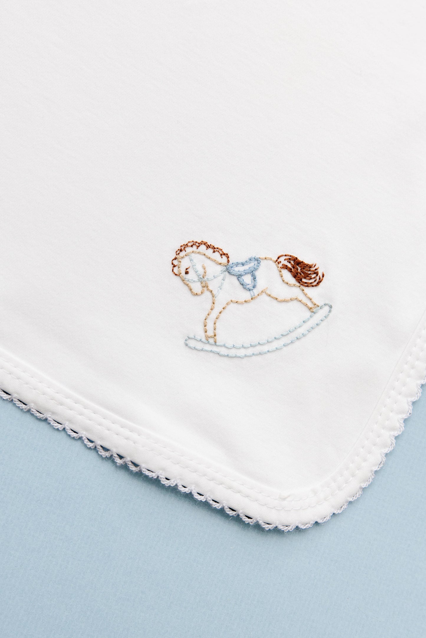 Rocking Horse Baby Blanket: White with Blue Picot Trim / One Size