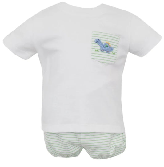 Dinos- Green Knit Stripe Boy's White T-Shirt Set w/ Diaper