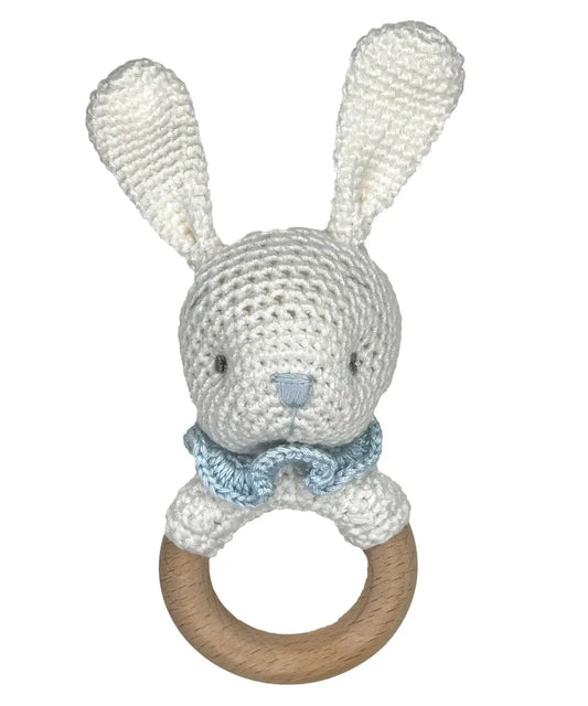 Bunny Bamboo Crochet Woodring Rattle - 2 Colors!: Blue / 5" Rattle