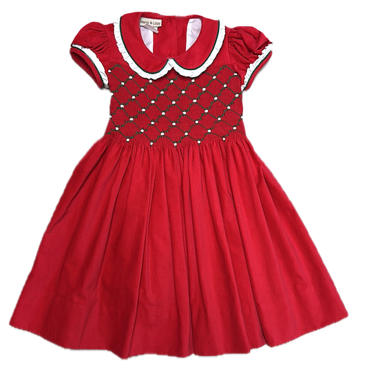 Red Corduroy Smocked Girls Dress Christmas Classic
