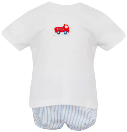 Firetruck- Lt.Blue Knit Stripe Boy's White T-Shirt Set w/Diaper